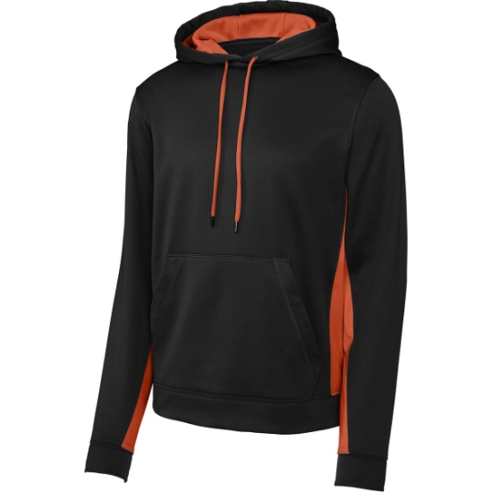 Custom Sport-Tek Sport-Wick Fleece Colorblock Hooded Pullover. Black/Deep Orange
