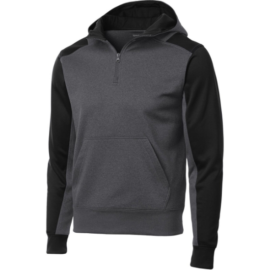 Custom Sport-Tek Tech Fleece Colorblock 1/4-Zip Hooded Sweatshirt. Graphite Heather Gray/Black