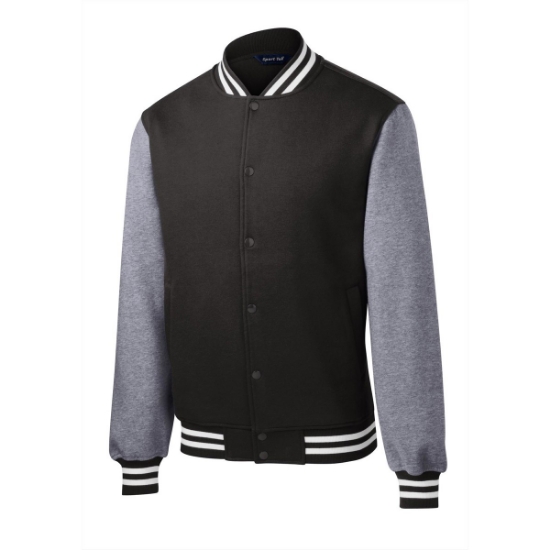 Custom Sport-Tek Fleece Letterman Jacket. Black/Vintage Heather Gray
