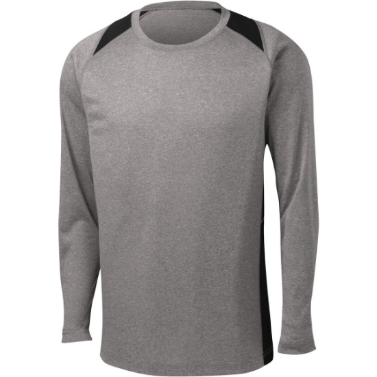 Custom Sport-Tek Long Sleeve Heather Colorblock Contender Tee. Vintage Heather Gray/Black