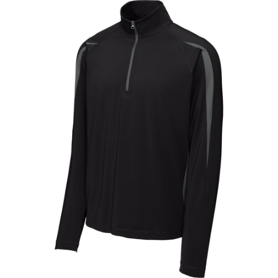 Custom Sport-Tek Sport-Wick Stretch 1/4-Zip Colorblock Pullover. Black/Charcoal Gray