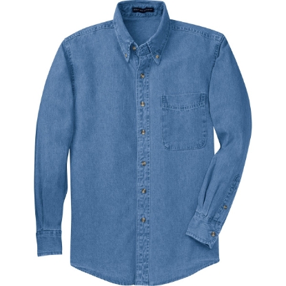 Custom Port Authority Tall Long Sleeve Denim Shirt. Faded Denim Blue