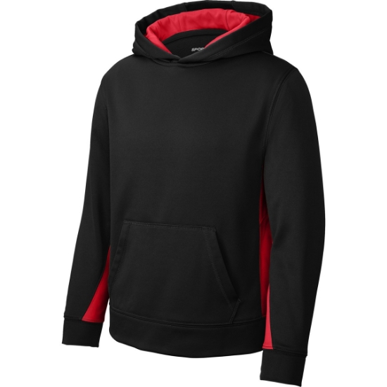 Custom Sport-Tek Youth Sport-Wick Fleece Colorblock Hooded Pullover. Black/Deep Red