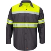 Custom Mens Hi-Visibility Colorblock Ripstop Long Sleeve Work Shirt Fluorescent Yellow/ Charcoal