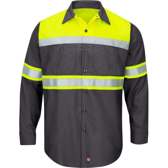 Custom Mens Hi-Visibility Colorblock Ripstop Long Sleeve Work Shirt Fluorescent Yellow/ Charcoal