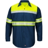 Custom Mens Hi-Visibility Colorblock Ripstop Long Sleeve Work Shirt Fluorescent Yellow/ Navy