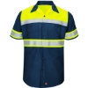 Custom Mens Hi-Visibility Colorblock Ripstop Short Sleeve Work Shirt Fluorescent Yellow/ Navy
